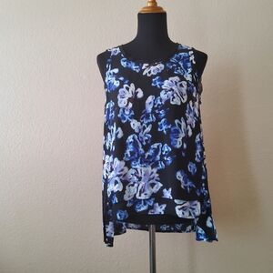 Simply Vera By Vera Wang Floral Print Chiffon Tunic Tank Top Size M Blue Black